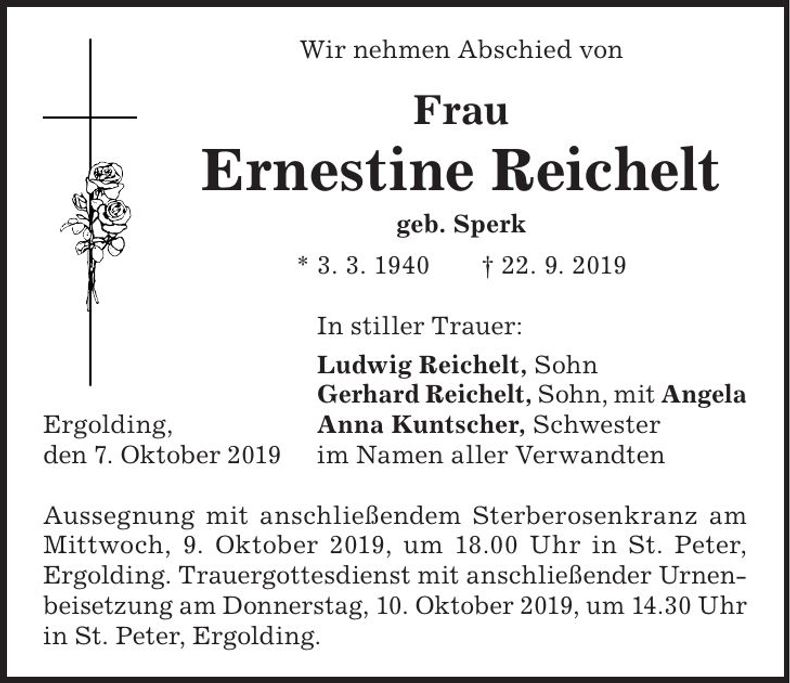 Traueranzeige Ernestine Reichelt