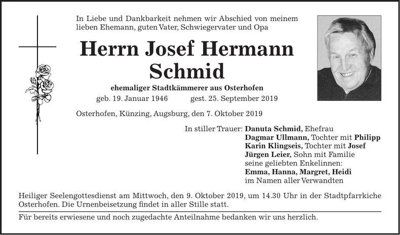 Traueranzeige Josef Hermann Schmid