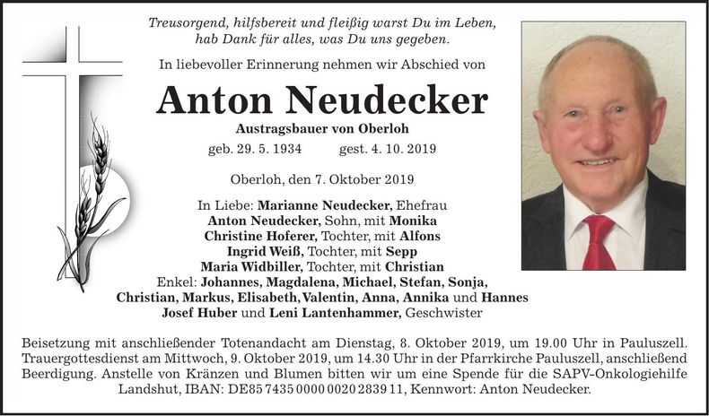 Traueranzeige Anton Neudecker