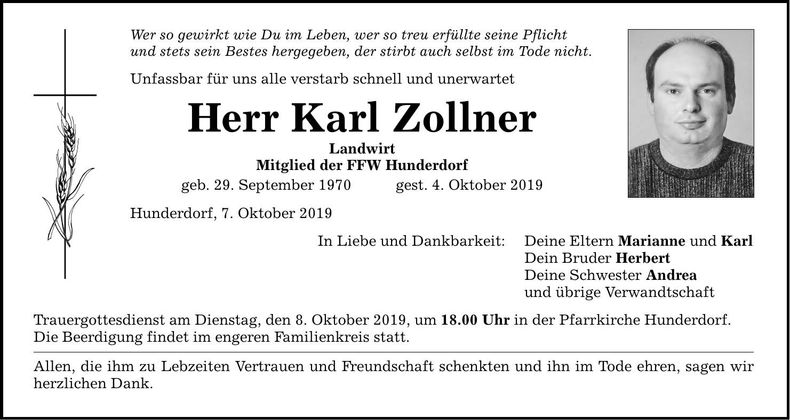 Traueranzeige Karl Zollner