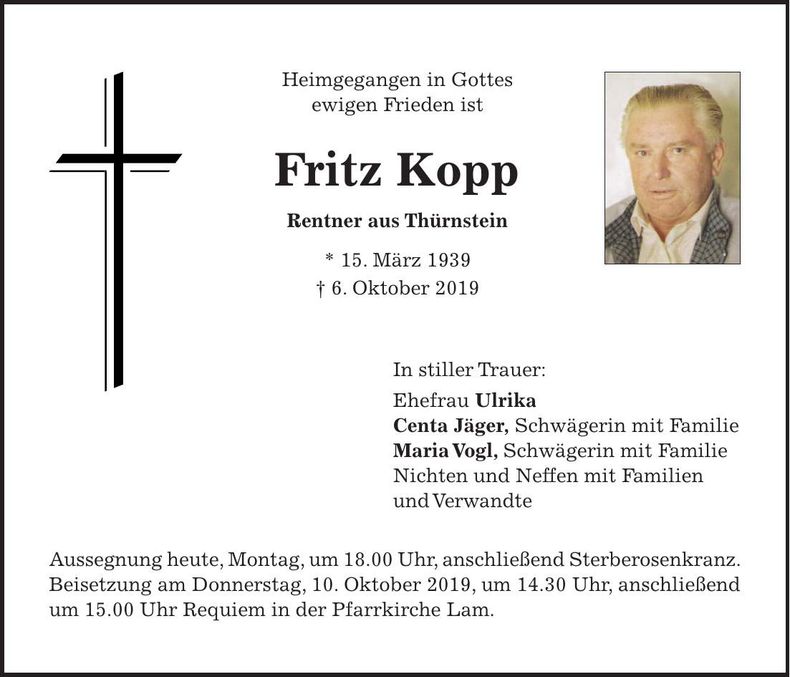 Traueranzeige Fritz Kopp