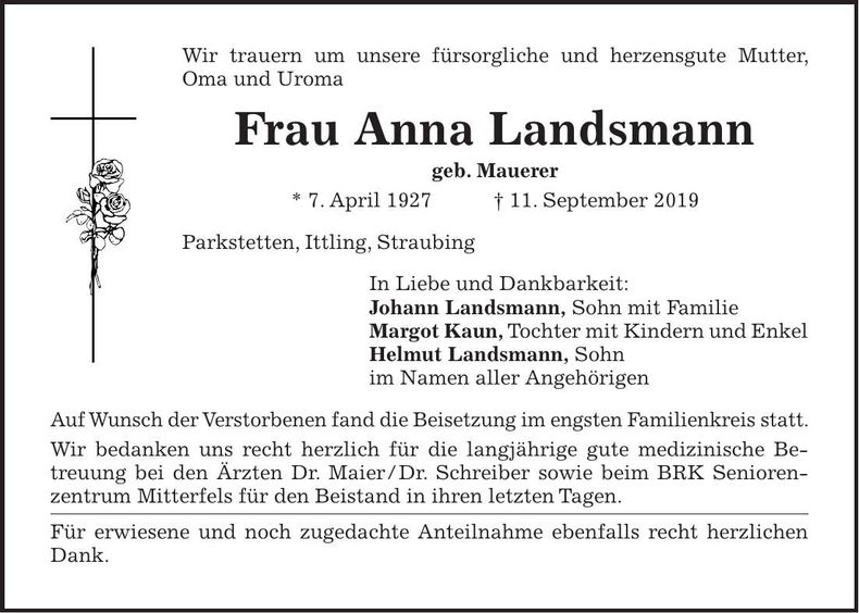Traueranzeige Anna Landsmann