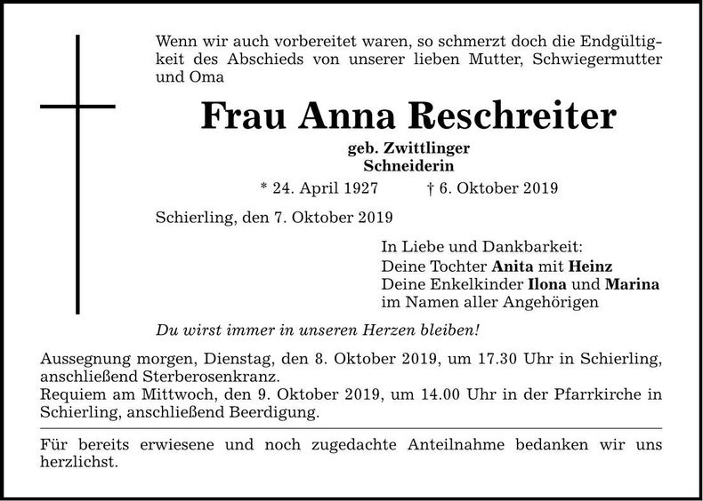 Traueranzeige Anna Reschreiter