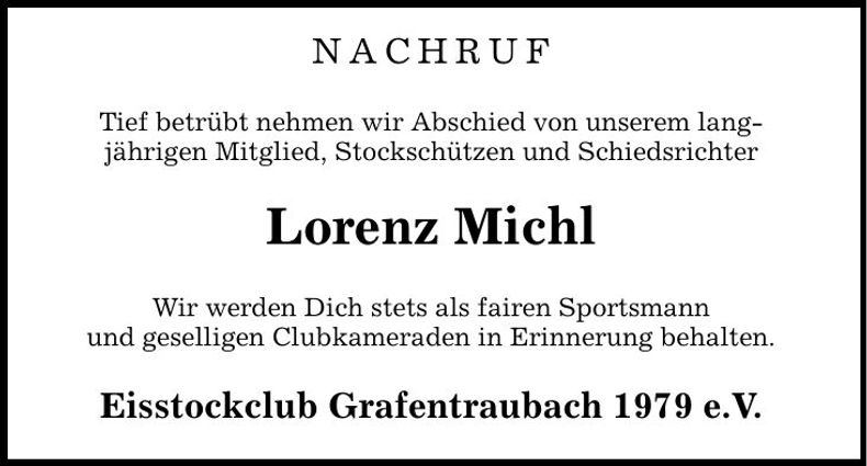 Traueranzeige Michl Lorenz