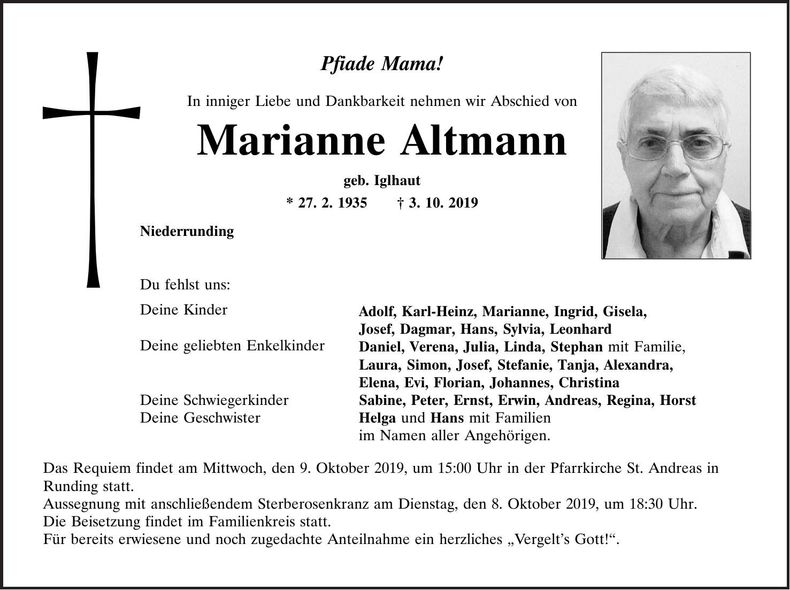 Traueranzeige Marianne Altmann