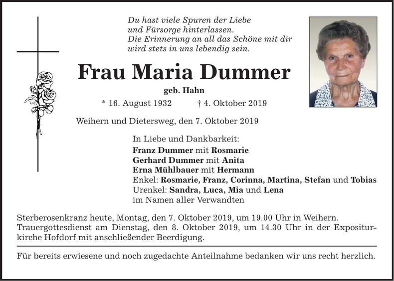 Traueranzeige Maria Dummer
