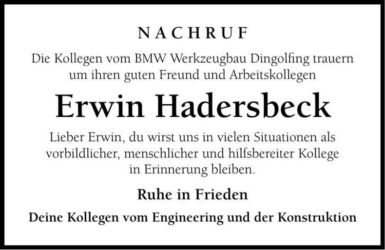Traueranzeige Erwin Hadersbeck