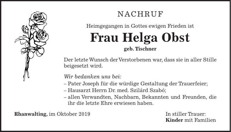 Traueranzeige Helga Obst