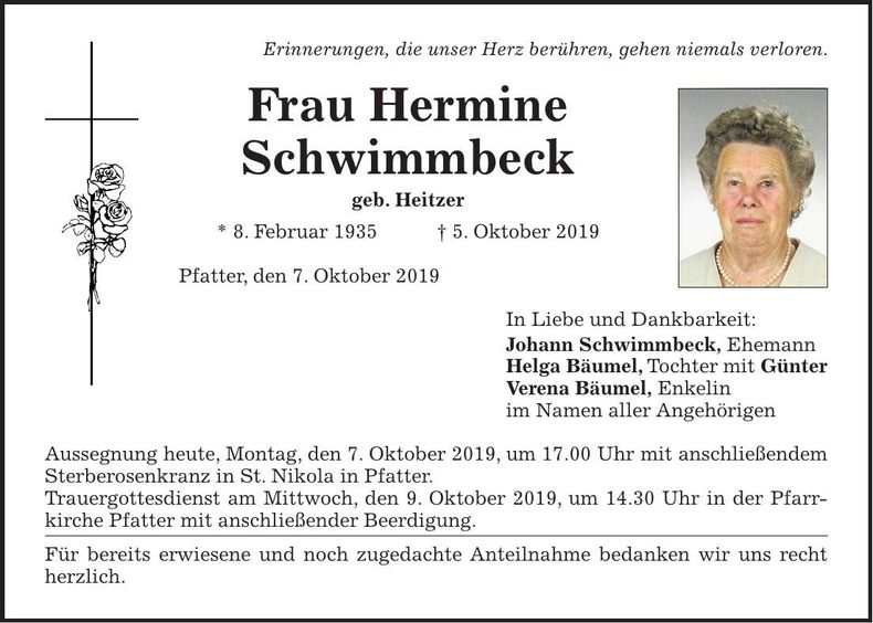 Traueranzeige Hermine Schwimmbeck