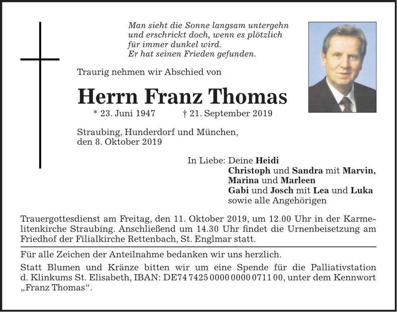 Traueranzeige Franz Thomas