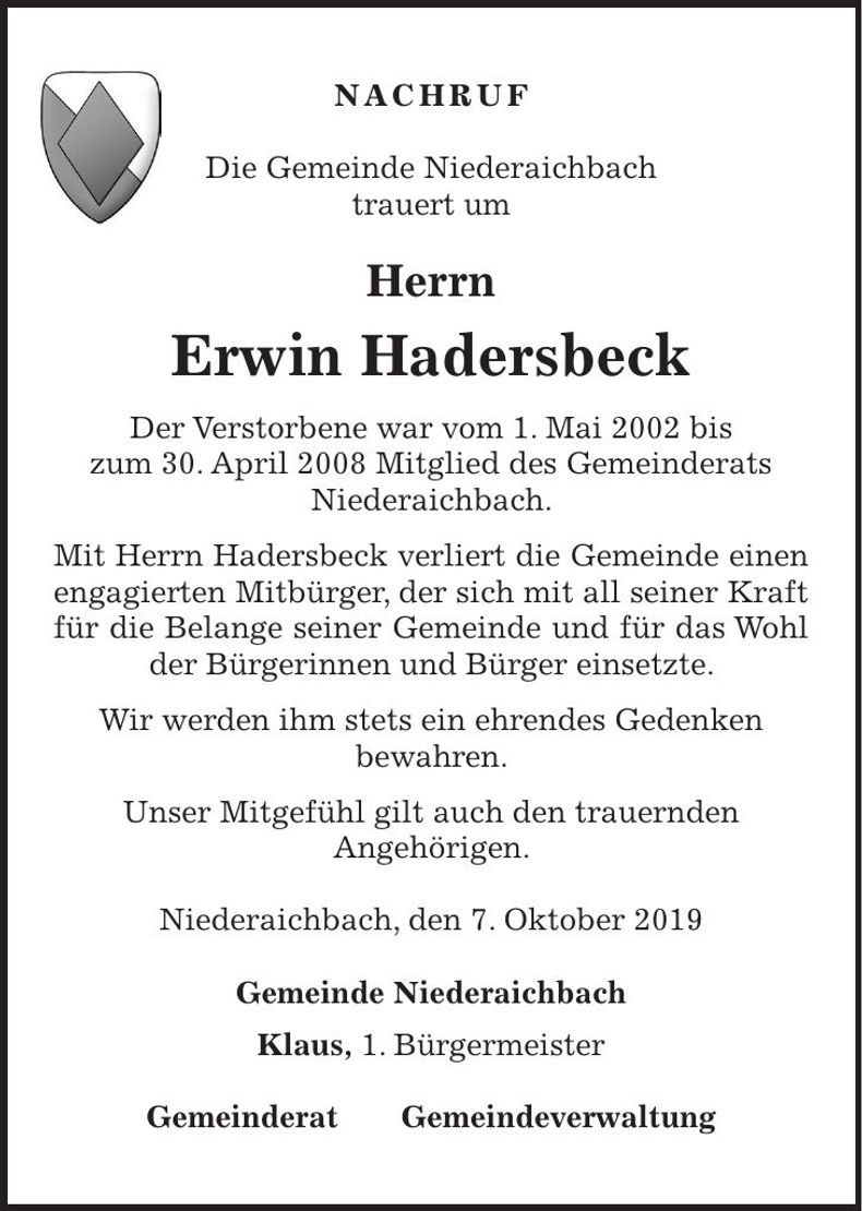 Traueranzeige Erwin Hadersbeck