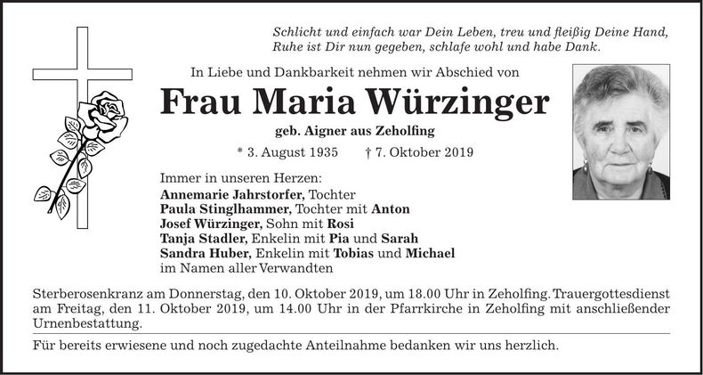 Traueranzeige Maria Würzinger