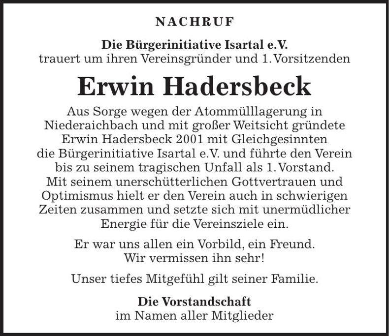 Traueranzeige Erwin Hadersbeck