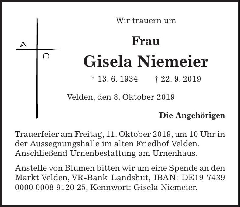 Traueranzeige Gisela Niemeier