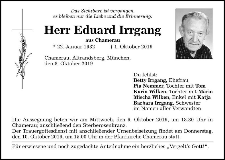 Traueranzeige Eduard Irrgang