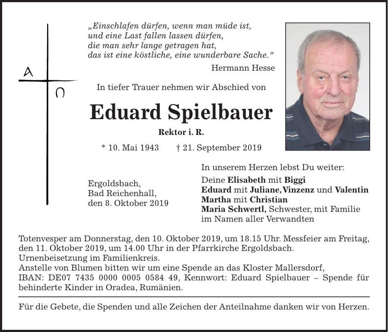 Traueranzeige Eduard Spielbauer