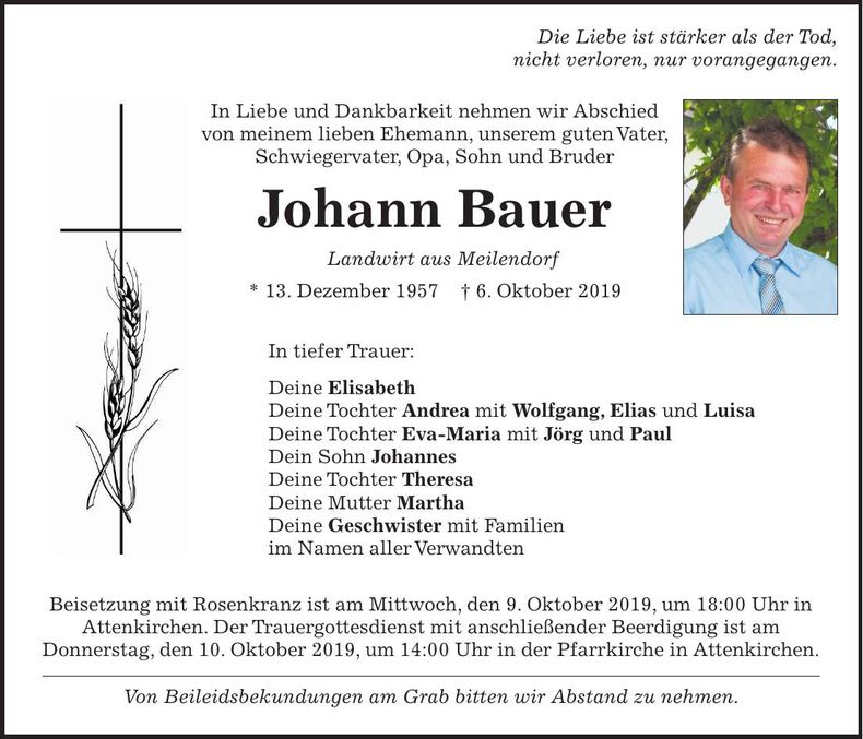 Traueranzeige Johann Bauer