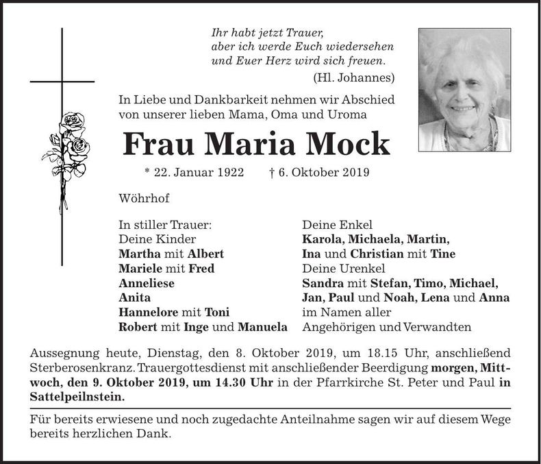 Traueranzeige Maria Mock
