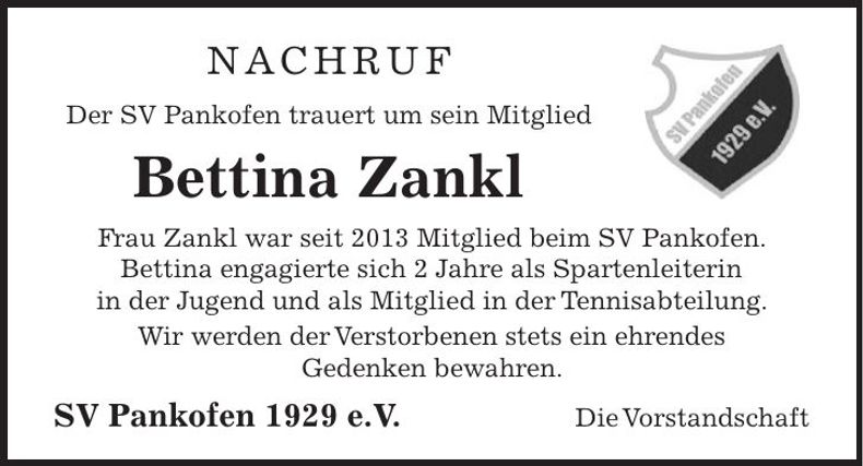 Traueranzeige Bettina Zankl