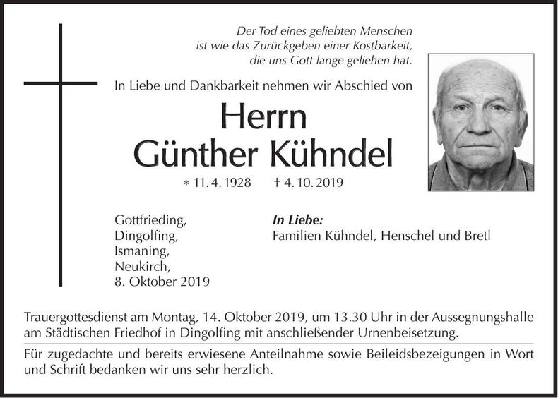 Traueranzeige Günther Kühndel