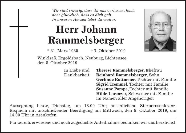 Traueranzeige Johann Rammelsberger