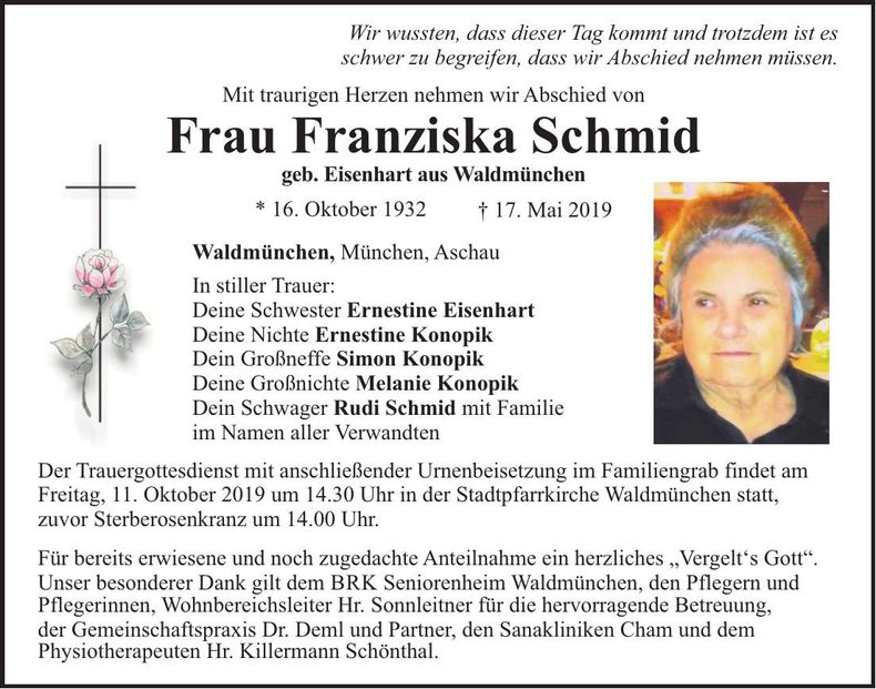 Traueranzeige Franziska Schmid