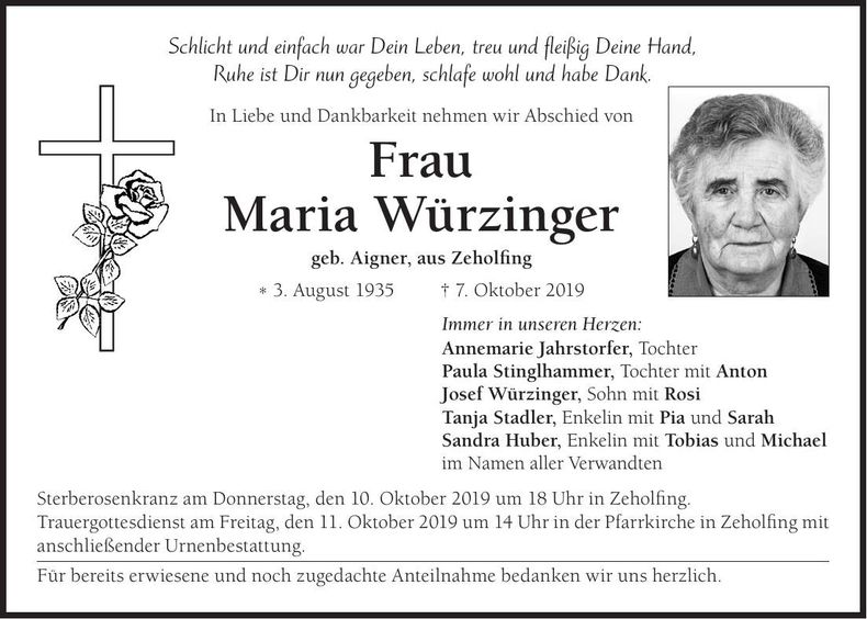 Traueranzeige Maria Würzinger