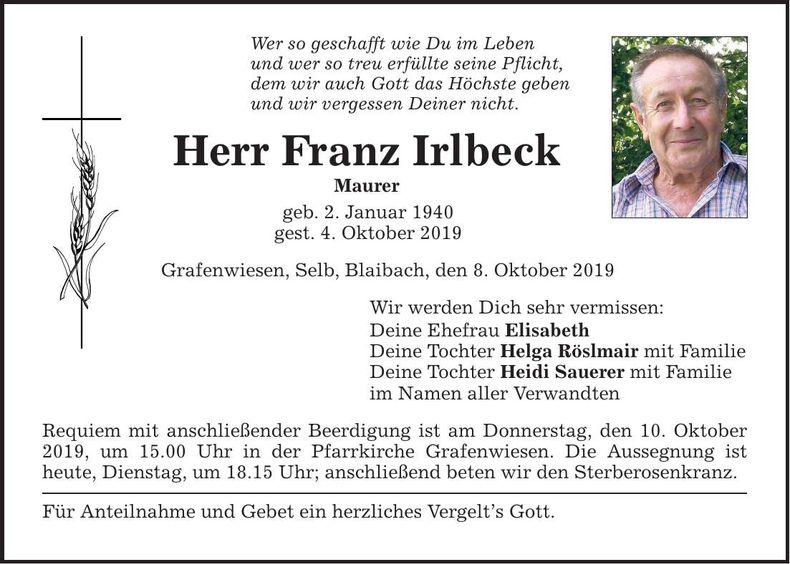 Traueranzeige Franz Irlbeck