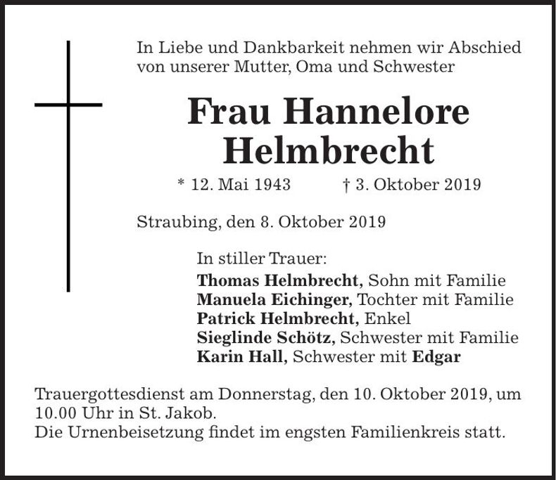 Traueranzeige Hannelore Helmbrecht