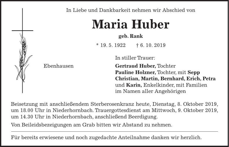 Traueranzeige Maria Huber