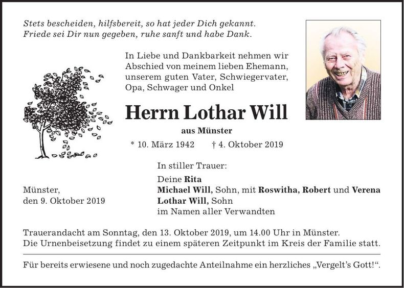 Traueranzeige Lothar Will
