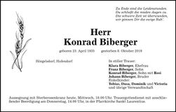 Traueranzeige Konrad Biberger