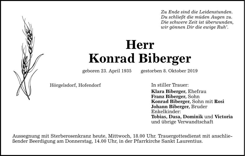 Traueranzeige Konrad Biberger