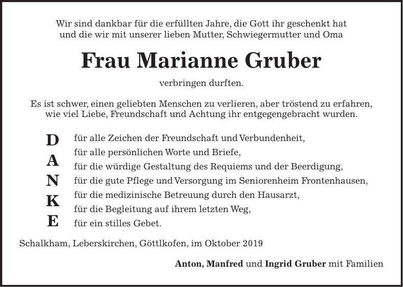Traueranzeige Marianne Gruber
