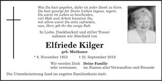 Traueranzeige Elfriede Kilger