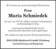 Traueranzeige Maria Schmiedek