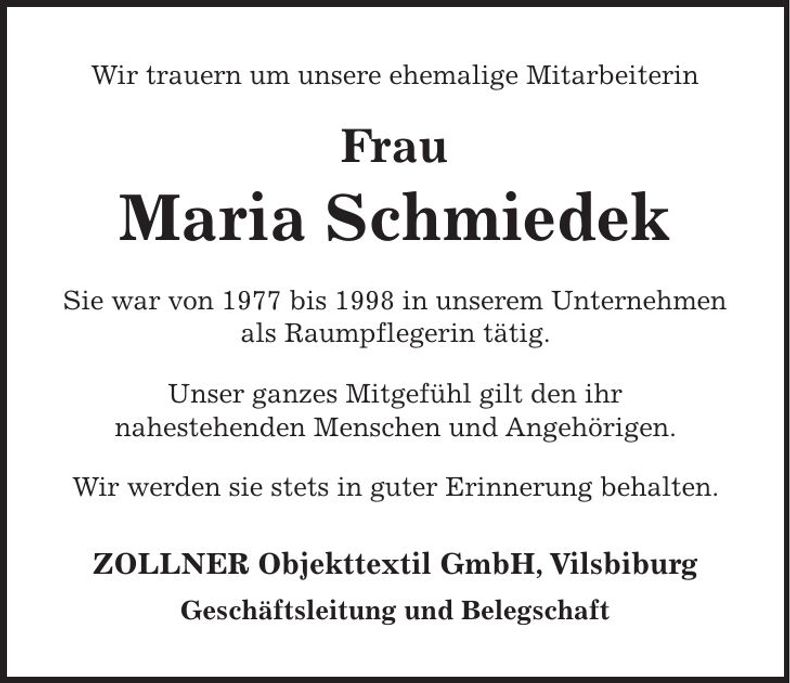 Traueranzeige Maria Schmiedek