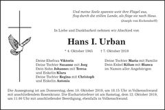 Traueranzeige Hans I. Urban
