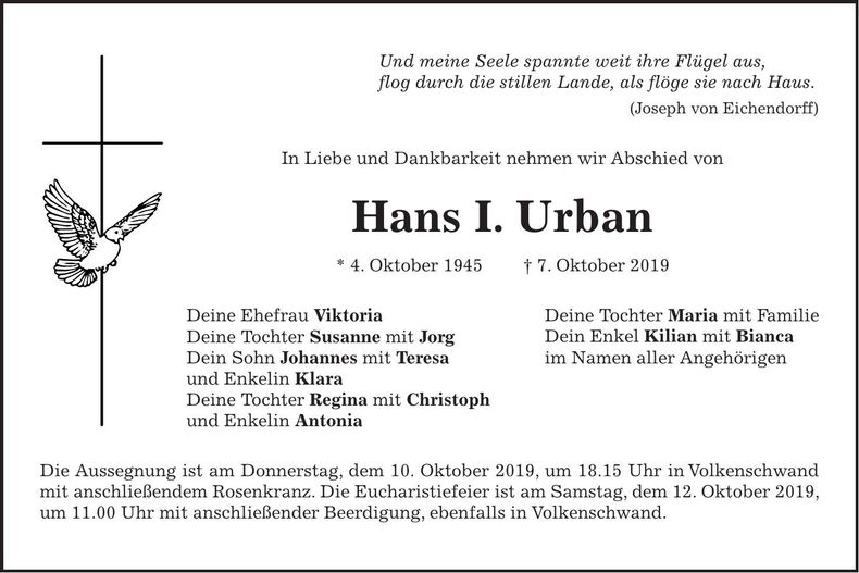 Traueranzeige Hans I. Urban