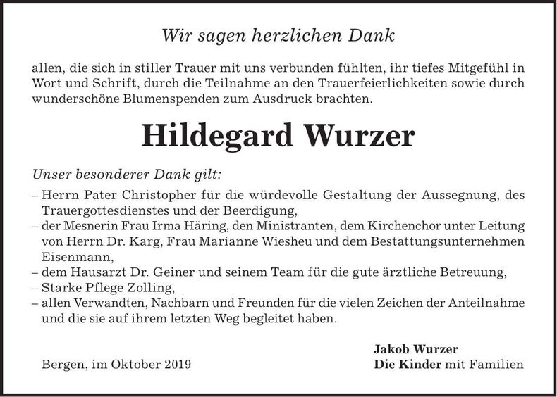 Traueranzeige Hildegard Wurzer