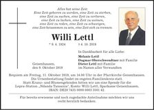 Traueranzeige Willi Lettl