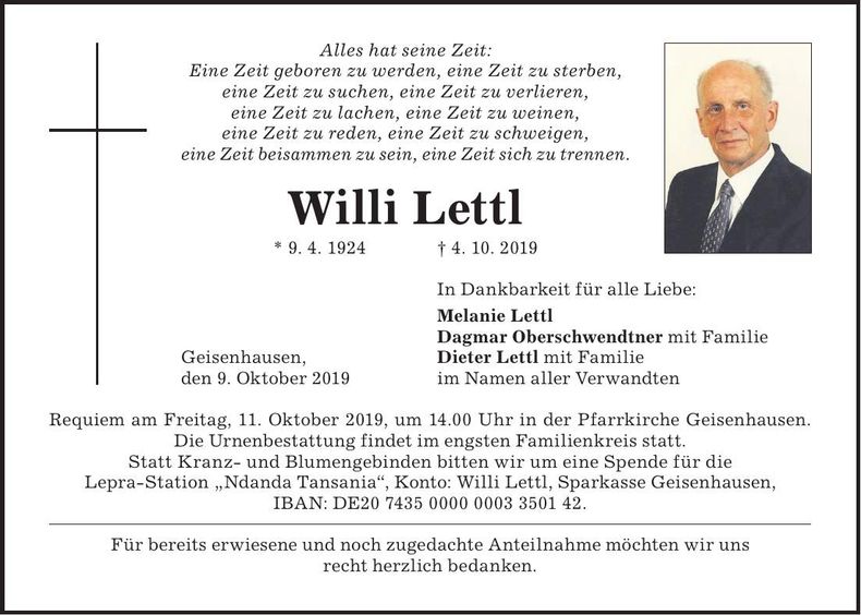 Traueranzeige Willi Lettl