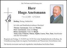 Traueranzeige Hugo Anetsmann