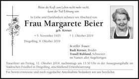 Traueranzeige Margarete Beier
