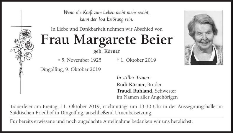 Traueranzeige Margarete Beier
