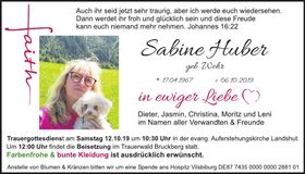 Traueranzeige Sabine Huber