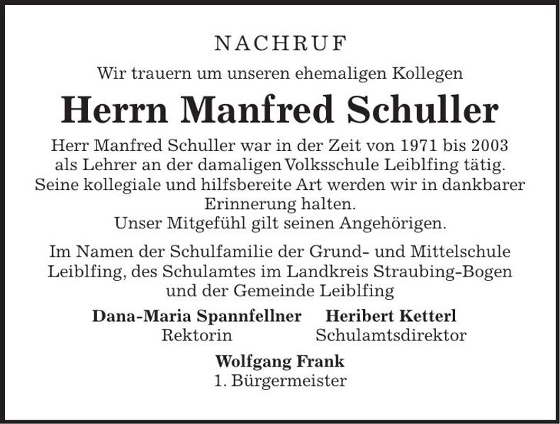 Traueranzeige Manfred Schuller