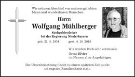 Traueranzeige Wolfgang Mühlberger