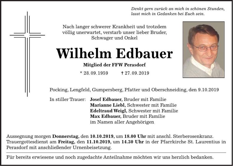 Traueranzeige Wilhelm Edbauer