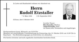 Traueranzeige Rudolf Etzstaller